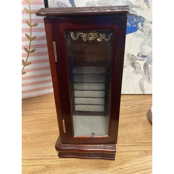 Vintage Wooden Armoire Jewelry Box Chest Necklace Carousel Etched Flowers - Picture 12 of 16